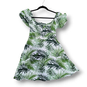 Tropical Palm Print Mini Dress Size S | Off Shoulder Smocked Puff Sleeve Japna